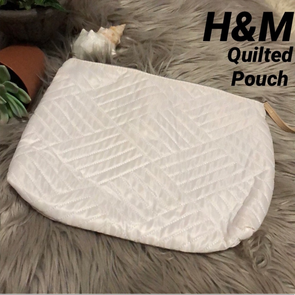 H&M Satin Quilted Pouch-Cream-ZipTop-12x9-